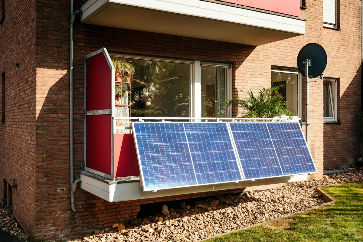 Balkon met zonnepanelen aangesloten op een stekkerbatterij